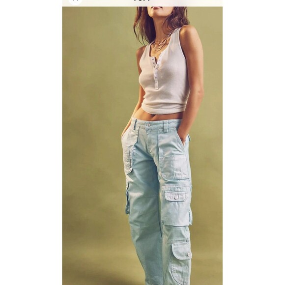 Free People Lap of Luxury Barrel Cargo Jeans Aqua Marine Metallic Size 27 NWOT - Picture 1 of 14